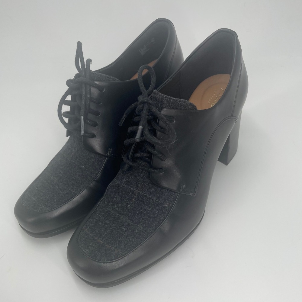 Clarks Artisan Kensett Darla Black Leather Tweed Oxford Pumps Block Heel size 9